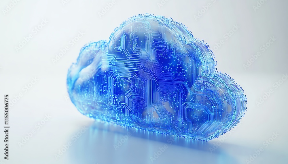 Poster 3D rendering of a cloud upload icon integrated with blue circuit lines, symbolizing technology and seamless data transfer on a white background