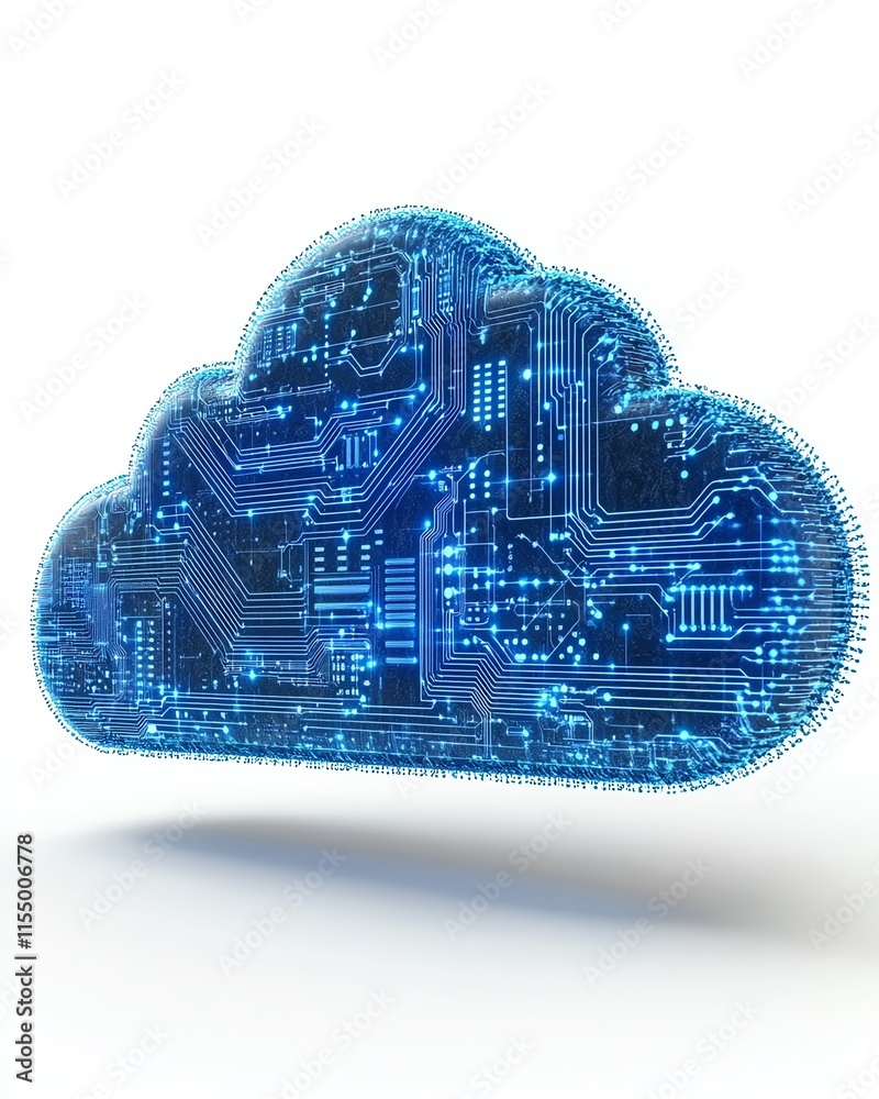 Poster 3D rendering of a cloud upload icon with blue circuit lines, white background, symbolizing technology and data transfer concepts