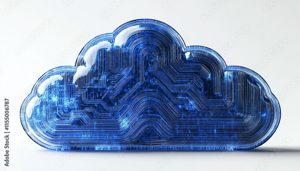 Poster 3D rendering of a cloud upload icon integrated with blue circuit lines, symbolizing technology and seamless data transfer on a white background
