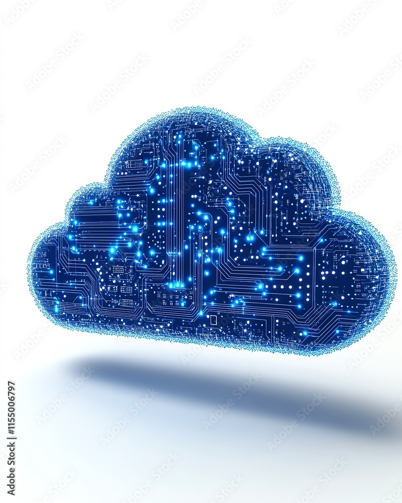 Fototapete 3D rendering of a cloud upload icon with blue circuit lines, white background, symbolizing technology and data transfer concepts