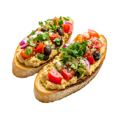 Tasty juicy Mediterranean hummus toast isolated on transparent background