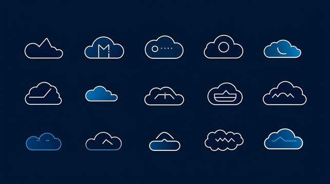 Collection of Cloud Computing Icons:  Line Art and Gradient Styles