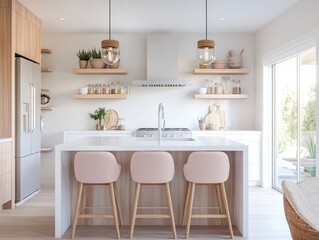 Fototapeta premium Modern minimalist kitchen island with pink stools and wooden shelves