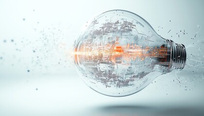 Obraz premium 3D rendering of a digital lightbulb with complex circuit designs, glowing light streaks, and binary code on a clean white background