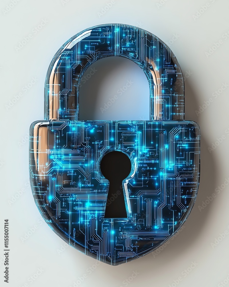 Fototapete 3d rendering of a digital padlock icon with blue circuitry lines, minimalistic design on a white bac