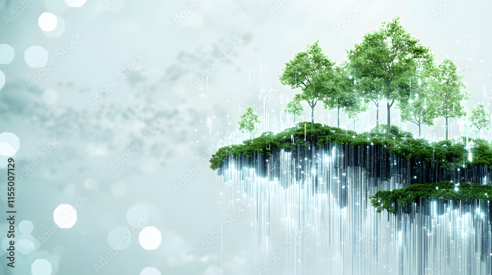 Poster floating island with trees above cascading water and a dreamy background blur