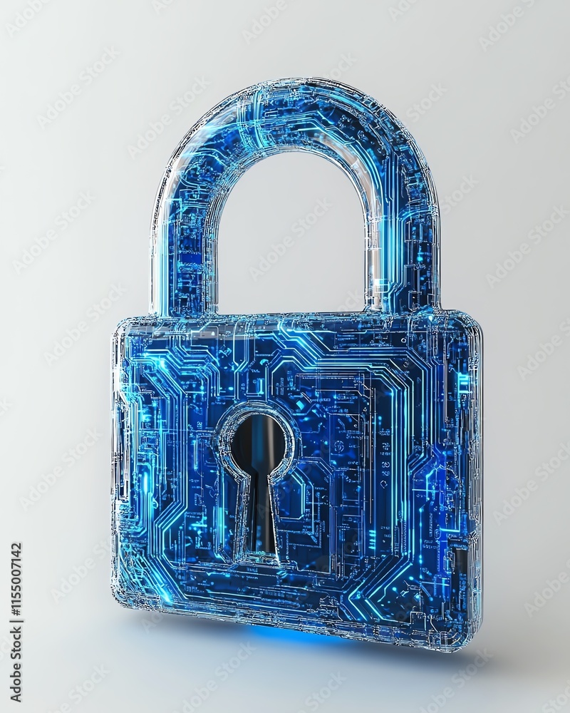 Poster 3d rendering of a digital padlock icon with intricate blue circuitry lines, minimalist style, symbol