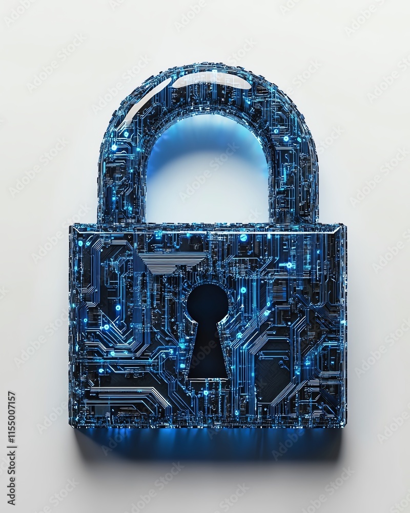 Fototapete 3d rendering of a digital padlock icon with intricate blue circuitry lines, minimalist style, symbol