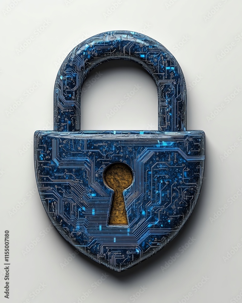 Aufkleber 3d rendering of a digital padlock icon with intricate blue circuitry lines, minimalist style, symbol