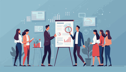 Collaborative Business Presentation: Teamwork and Strategy Vector Illustration