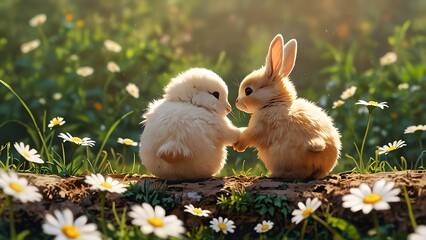 A bunny and a butterfly sharing a moment in a sunny field, holiday promo poster Easter sale banner background, vibrant colors, romantic love and harmony