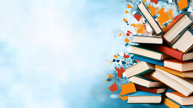 Colorful books scattered against a blue background, creating an artistic and dynamic effect