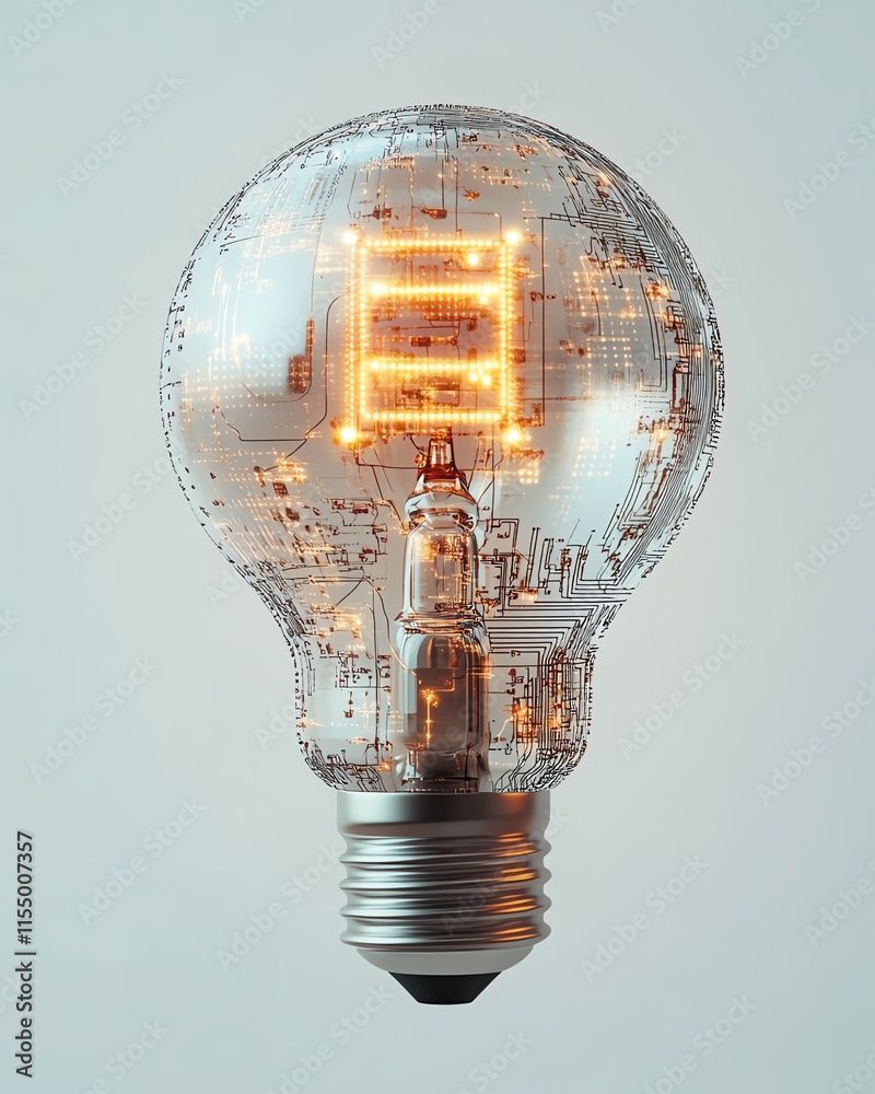 Fototapete 3d rendering of a lightbulb with intricate digital circuits, abstract light streaks, and binary code