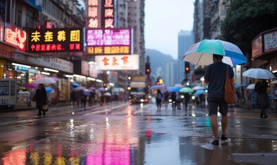 Obraz premium Rainy day street scene in a busy Asian city with people carrying umbrellas.