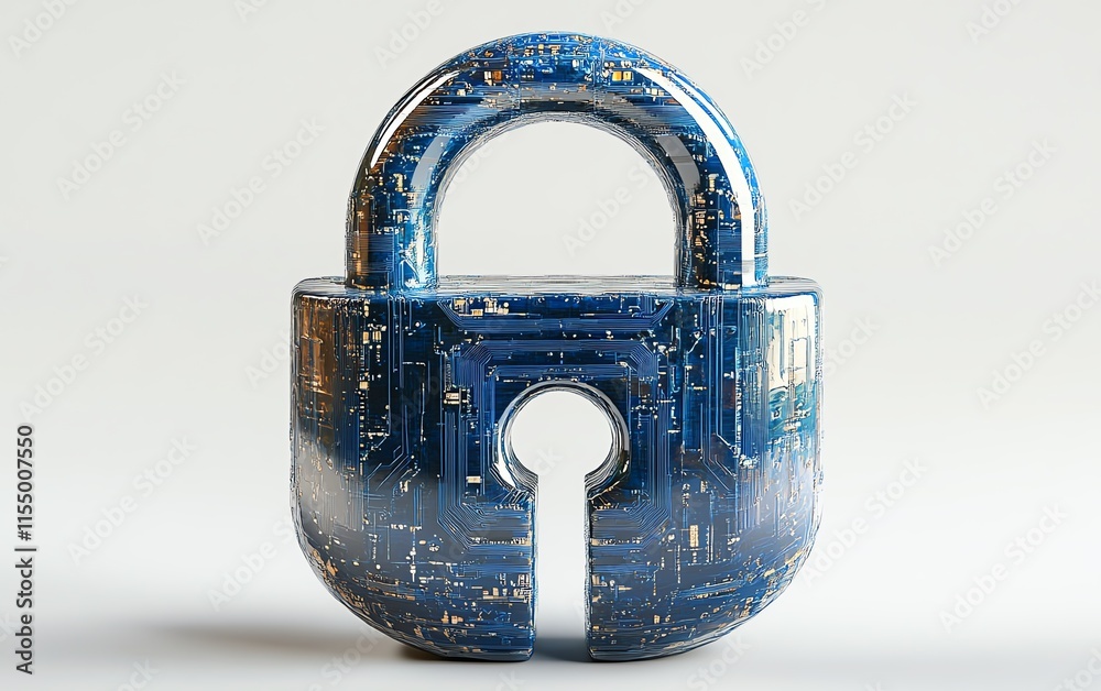 Aufkleber 3D rendering of a minimalistic digital padlock with blue circuitry lines, clean white background, representing virtual protection and tech security