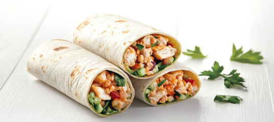 Three delicious chicken wraps with fresh vegetables on white table