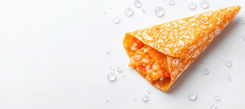 Savory crepe with filling on white background, garnished with water droplets