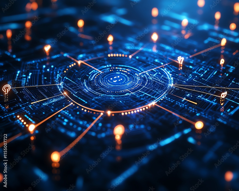 Poster 3D rendering of social network connections, featuring digital user symbols linked by dynamic lines on a dark blue abstract background, illustrating modern technology