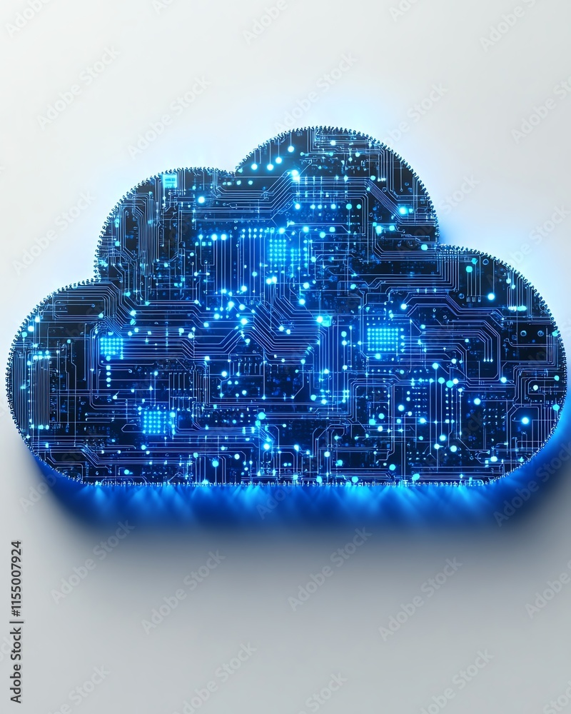 Poster Cloud upload icon with blue circuitry integrated, white background, symbolizing technology and data transfer concepts, 3D rendering