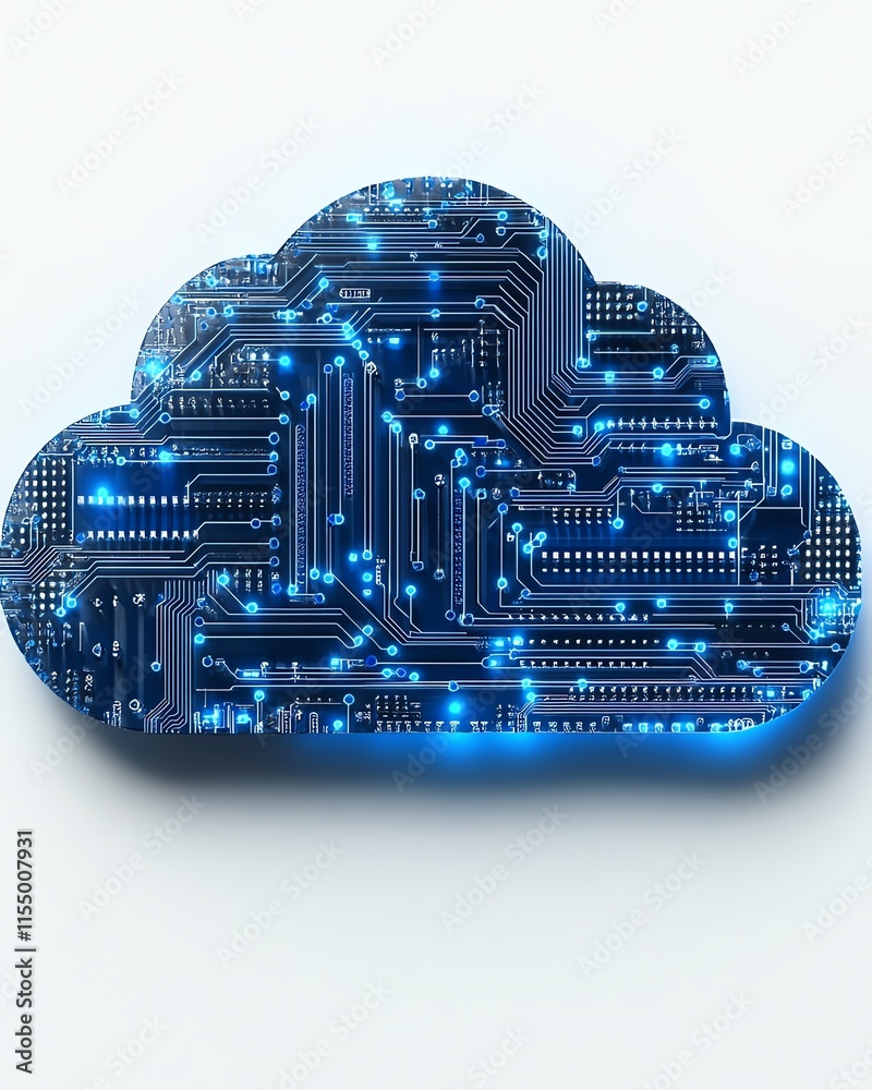 Poster Cloud upload icon with blue circuitry integrated, white background, symbolizing technology and data transfer concepts, 3D rendering