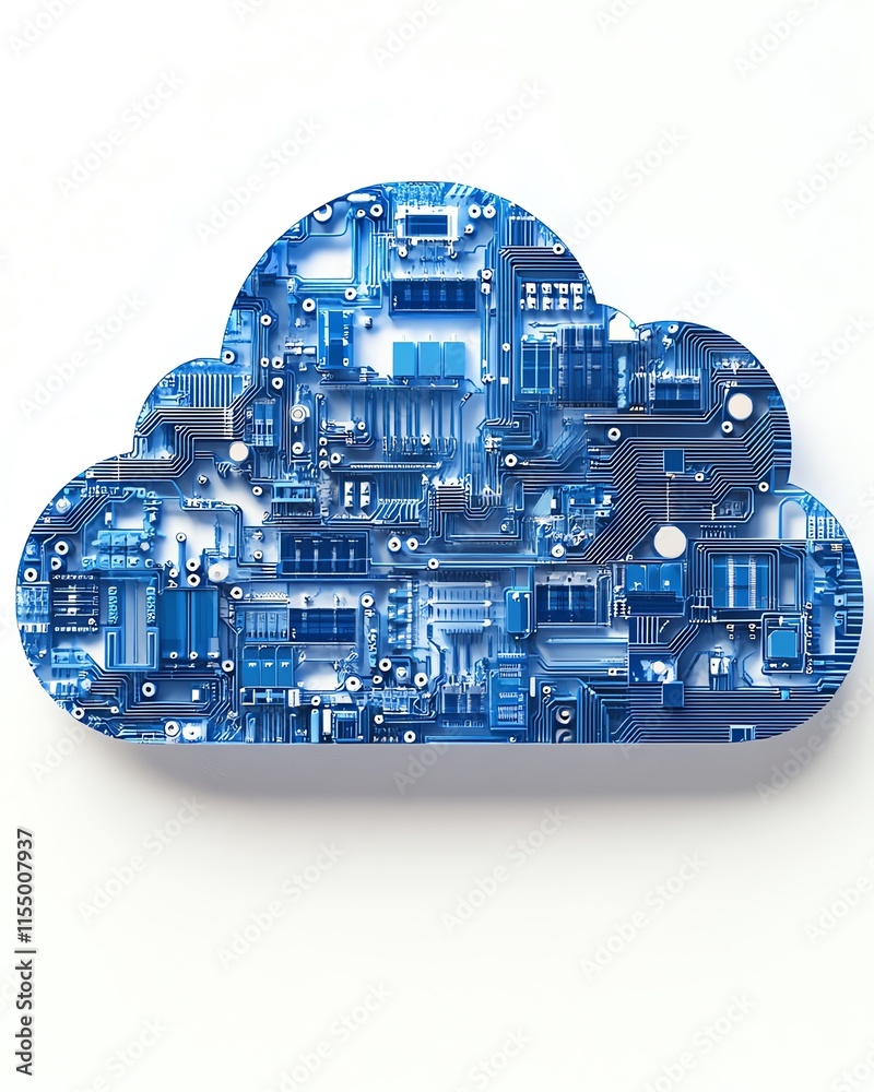Poster Cloud upload icon with blue circuitry integrated, white background, symbolizing technology and data transfer concepts, 3D rendering