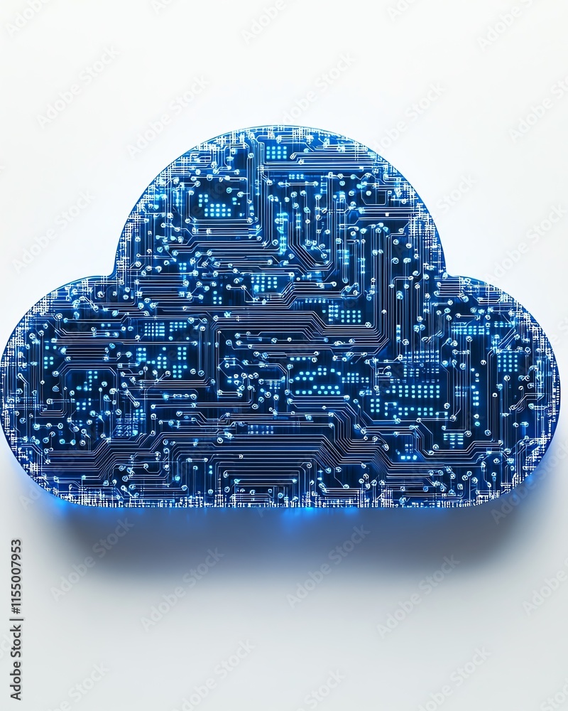 Poster Cloud upload icon with blue circuitry integrated, white background, symbolizing technology and data transfer concepts, 3D rendering