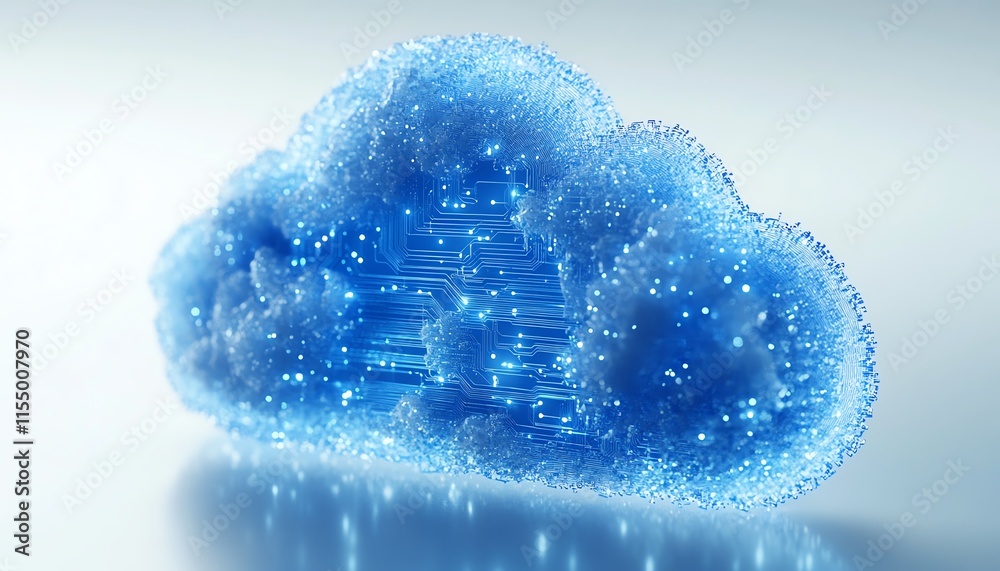 Poster Cloud upload icon with digital blue circuit lines on a white background, representing data transfer technology, 3D rendering
