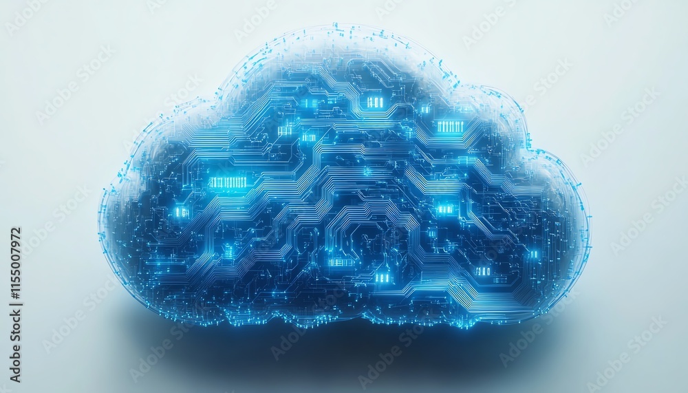Poster Cloud upload icon with digital blue circuit lines on a white background, representing data transfer technology, 3D rendering