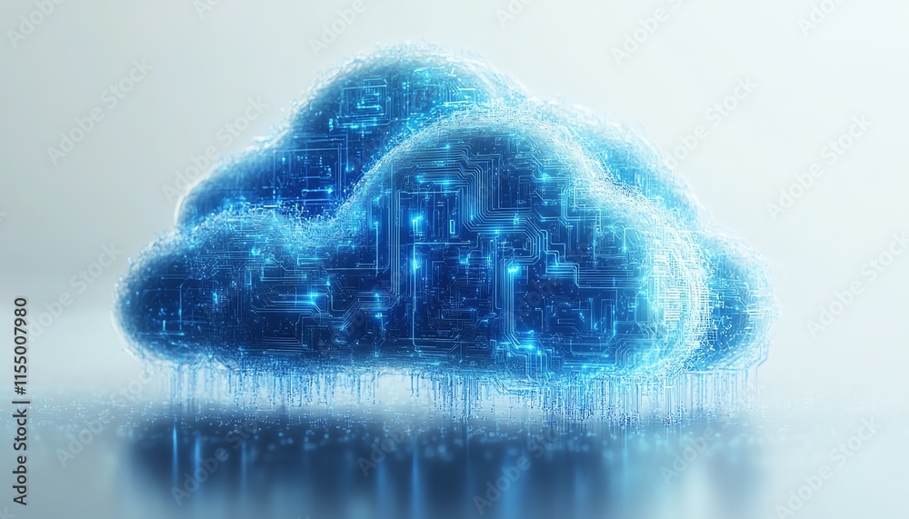 Poster Cloud upload icon with digital blue circuit lines on a white background, representing data transfer technology, 3D rendering