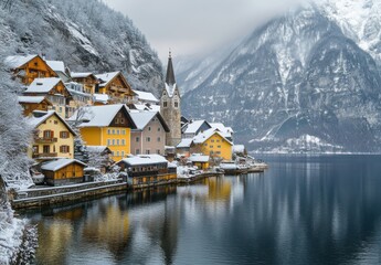 Fototapeta premium Serene Winter Landscape of Colorful Houses by the Water with Snow-Capped Mountains and Reflections in a Peaceful Lake Setting