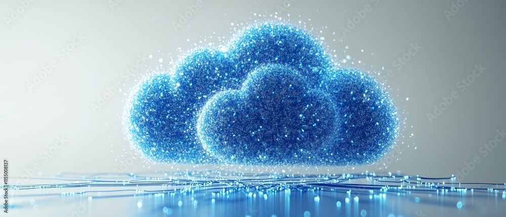 Poster Digital cloud upload icon integrated with blue circuit lines on a white background, representing technology and data transfer concepts, 3D rendering