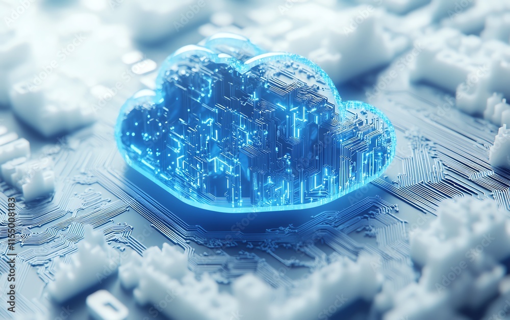 Fototapete Digital cloud upload icon with blue circuitry patterns on a white background, representing technology and data transfer, 3D rendering