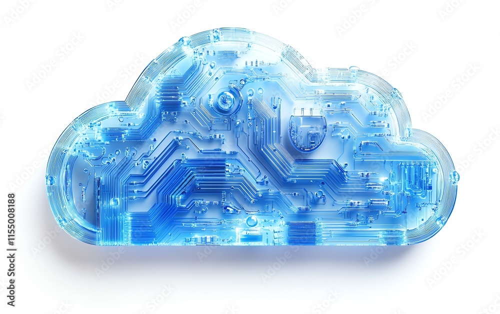 Leinwandbilder Digital cloud upload icon with blue circuitry patterns on a white background, representing technology and data transfer, 3D rendering