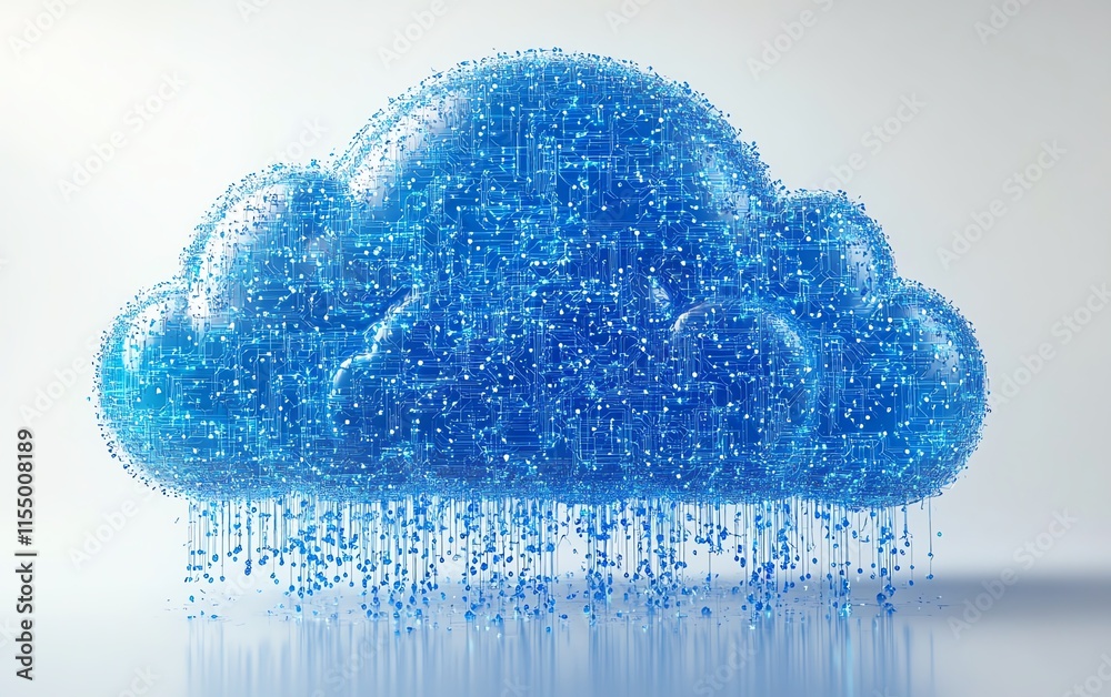 Poster Digital cloud upload icon with blue circuitry patterns on a white background, representing technology and data transfer, 3D rendering