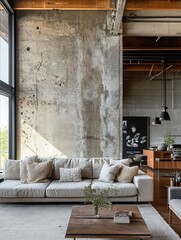 Obraz premium Modern Living Room With Exposed Concrete Wall And Comfortable Sofa