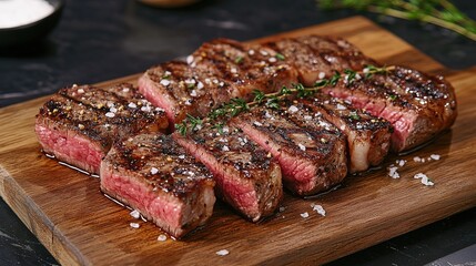 Grilled beef steak with herb and spices. Portion of fried meat cuts with rosemary, garlic, olive oil and ketchup sauce