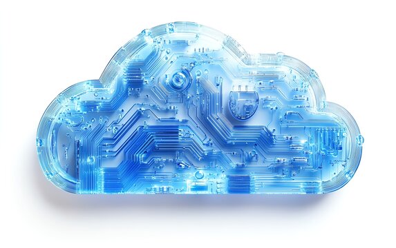 Digital cloud upload icon with blue circuitry patterns on a white background, representing technology and data transfer, 3D rendering