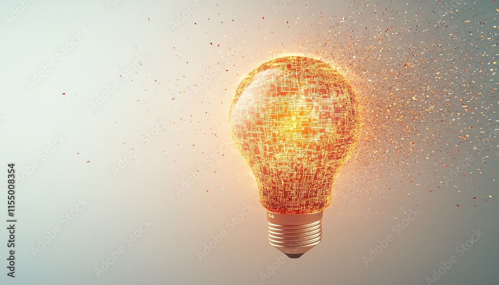 Poster Digital lightbulb with intricate circuitstyle patterns, abstract light streaks, and binary code on a white background, symbolizing innovation and ideas, 3D rendering