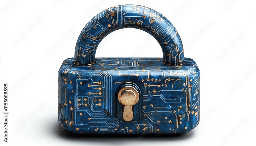 Fototapete digital padlock icon with blue circuitry patterns, minimalistic style, white background, symbolizing