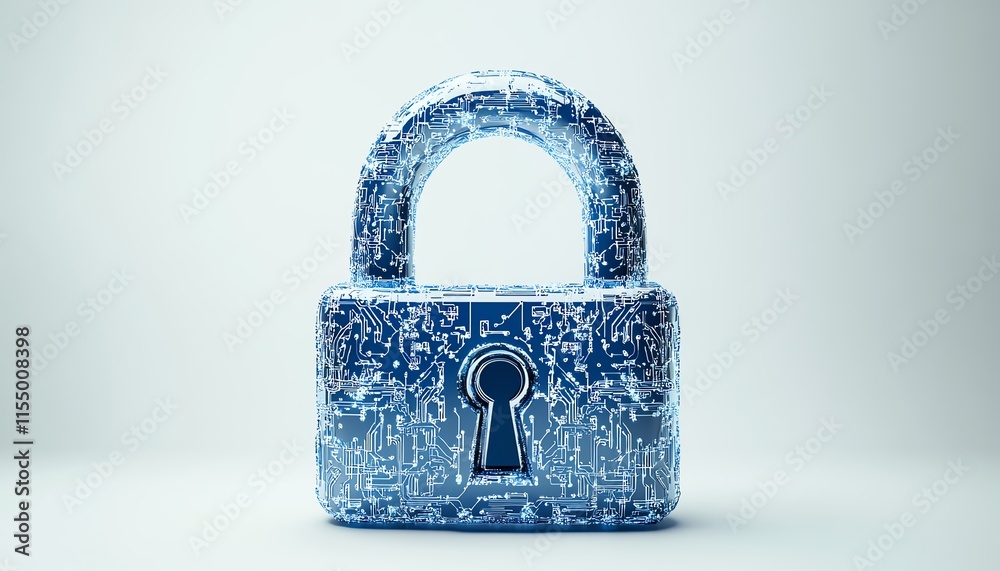 Leinwandbilder Digital padlock icon with blue circuitry patterns, minimalistic style, white background, symbolizing virtual protection and cybersecurity, 3D rendering