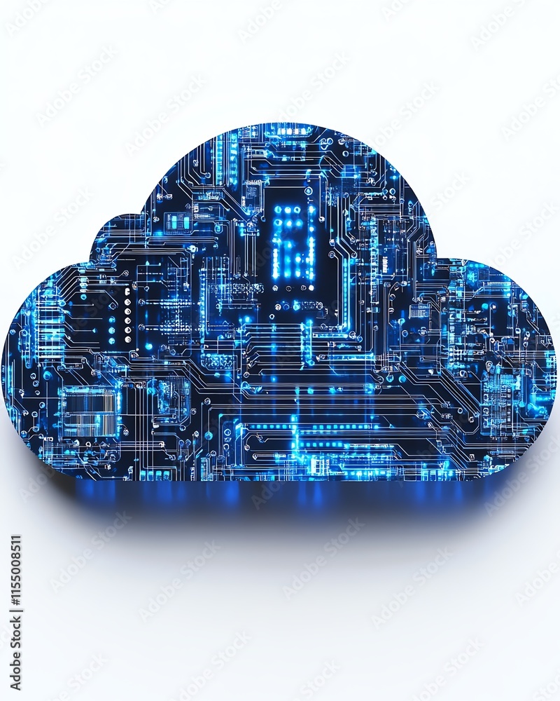 Poster Futuristic cloud upload icon integrated with blue circuit lines on a white background, representing technology and data transfer concepts, 3D rendering