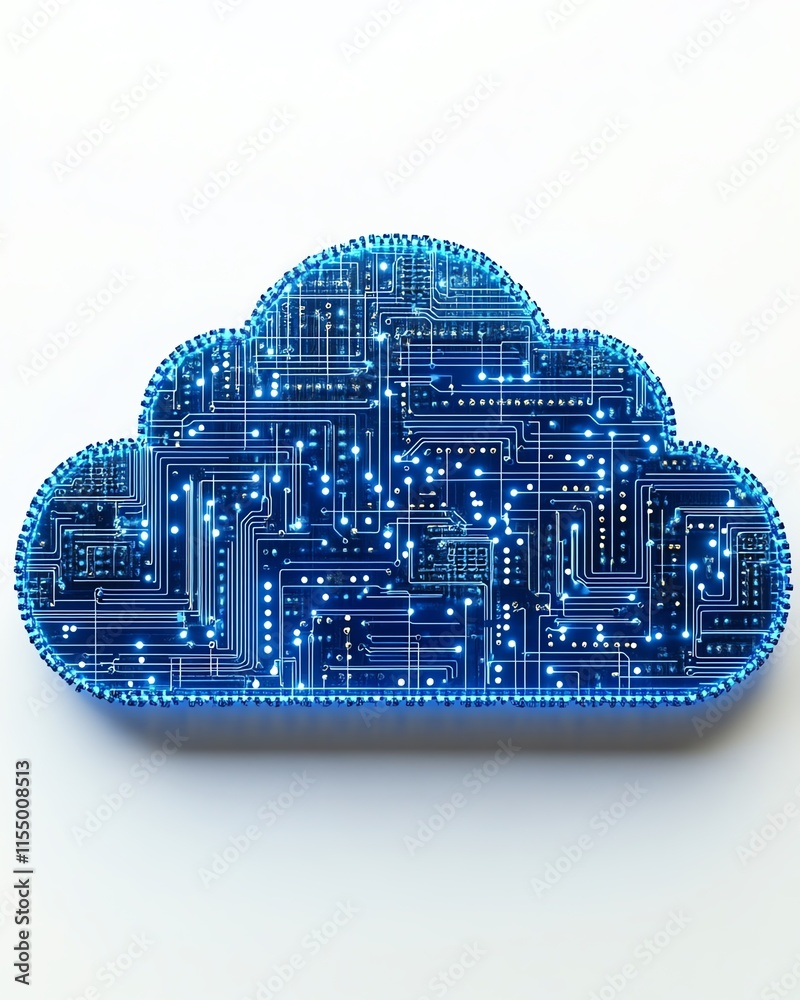 Poster Futuristic cloud upload icon integrated with blue circuit lines on a white background, representing technology and data transfer concepts, 3D rendering