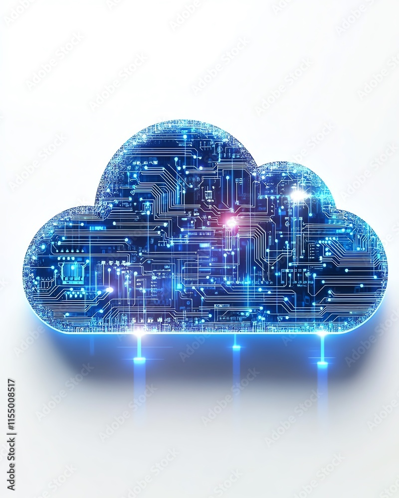 Poster Futuristic cloud upload icon integrated with blue circuit lines on a white background, representing technology and data transfer concepts, 3D rendering