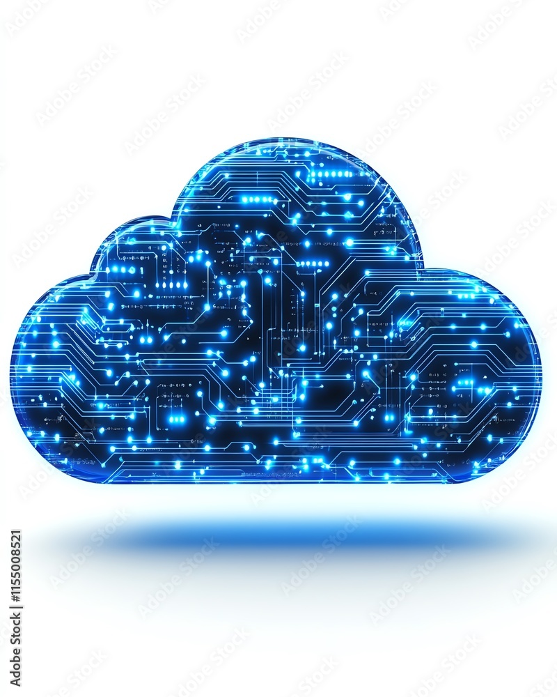 Poster Futuristic digital cloud upload icon with blue circuit lines, minimalistic style, on a white background, representing data transfer and technology, 3D rendering