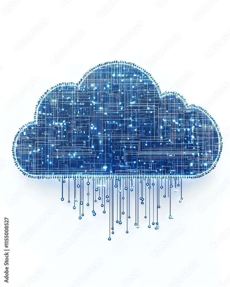 Poster Futuristic cloud upload icon integrated with blue circuit lines on a white background, representing technology and data transfer concepts, 3D rendering