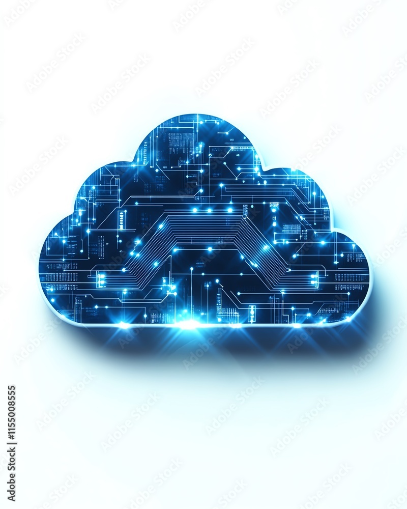 Poster Futuristic digital cloud upload icon with blue circuit lines, minimalistic style, on a white background, representing data transfer and technology, 3D rendering