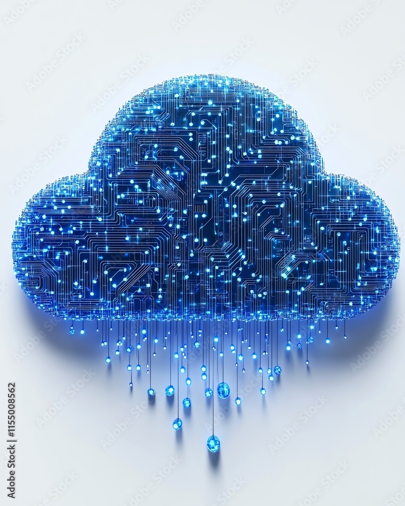 Poster Futuristic digital cloud upload icon with blue circuit lines, minimalistic style, on a white background, representing data transfer and technology, 3D rendering