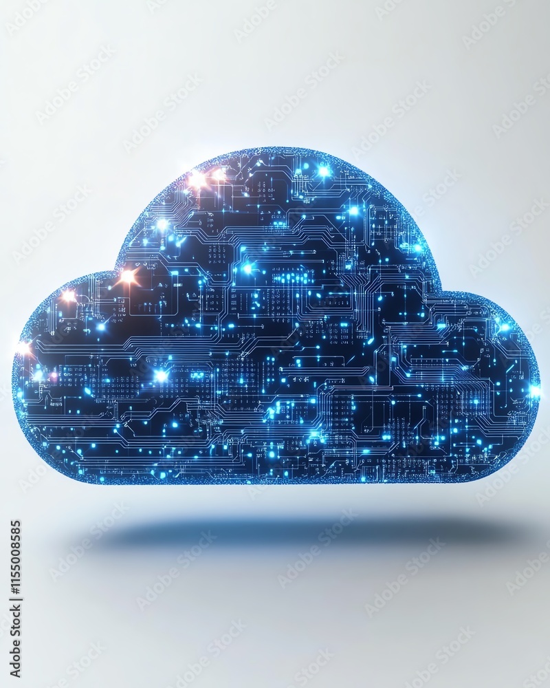 Fototapete Futuristic digital cloud upload icon with blue circuit lines, minimalistic style, on a white background, representing data transfer and technology, 3D rendering