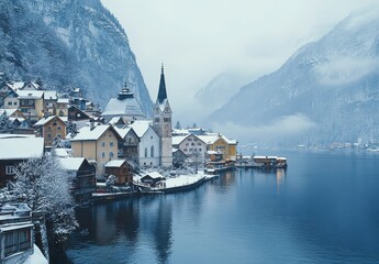 Serene Winter Landscape of Hallstatt Village Surrounded by Majestic Mountains and Snow-Covered Architecture Reflecting in Calm Lake Waters