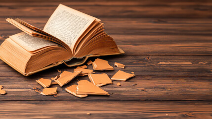 damaged book lies open on wooden surface, with torn pages and broken pieces scattered around,...